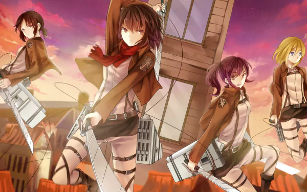 A vibrant HD wallpaper featuring Ymir, Historia Reiss, Sasha Blouse, and Mikasa Ackerman from Attack on Titan, set against a dramatic sunset backdrop.