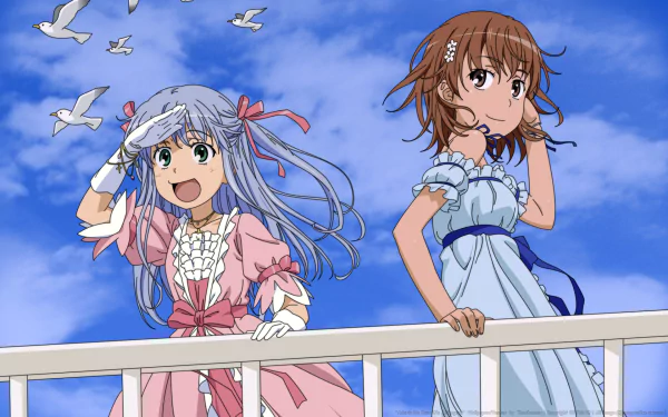 Anime wallpaper featuring Mikoto Misaka with brown hair and Index Librorum Prohibitorum with blue hair, both in pastel dresses, set against a bright sky with flying birds.