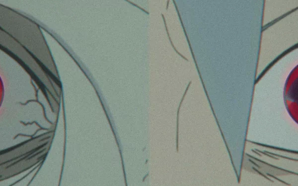 HD desktop wallpaper featuring close-up of Obito Uchiha's Mangekyō Sharingan eyes from the anime Naruto. The image highlights the red Sharingan with intricate details.