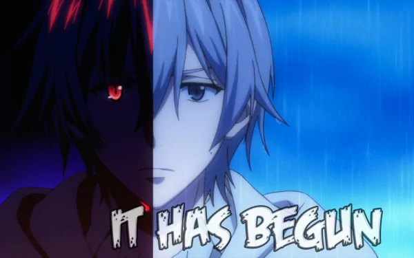 HD desktop wallpaper of an Anime tagged Strike the Blood shows a character with half face shadowed and red eye, half face illuminated, and text reading It Has Begun.