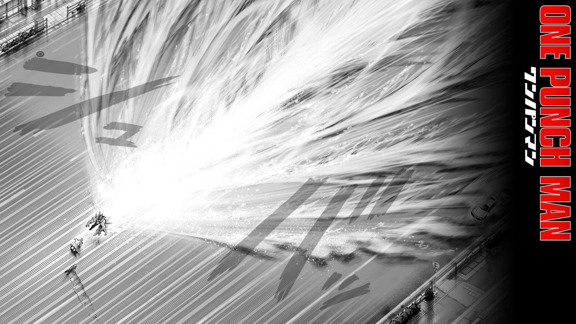 A dynamic HD wallpaper featuring Saitama from One-Punch Man, showcasing an explosive action scene with striking black and white visuals and bold graphic elements.