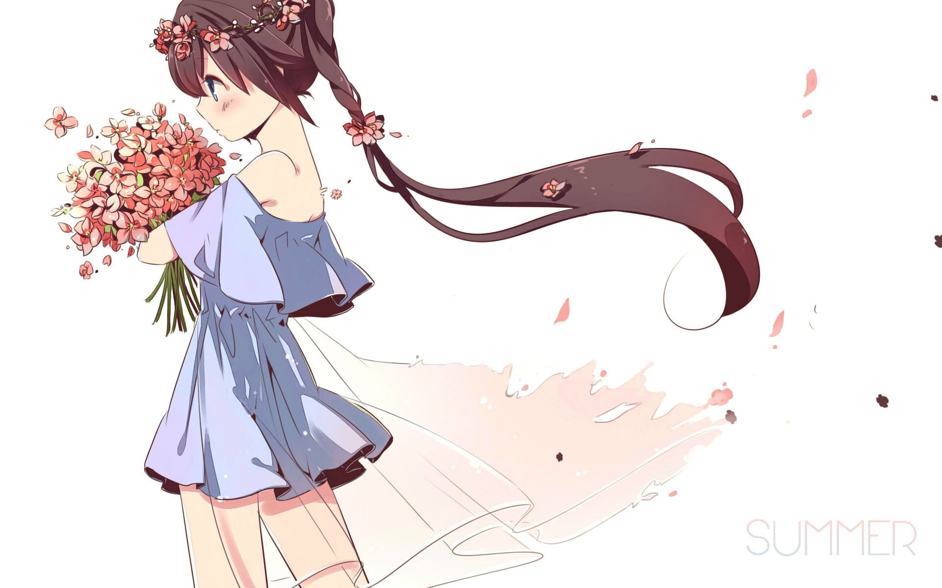 An anime girl with long brown hair adorned with flowers, wearing a blue dress, holds a bouquet of pink blossoms. The image is an HD desktop wallpaper and background. The word Summer is visible at the bottom right.