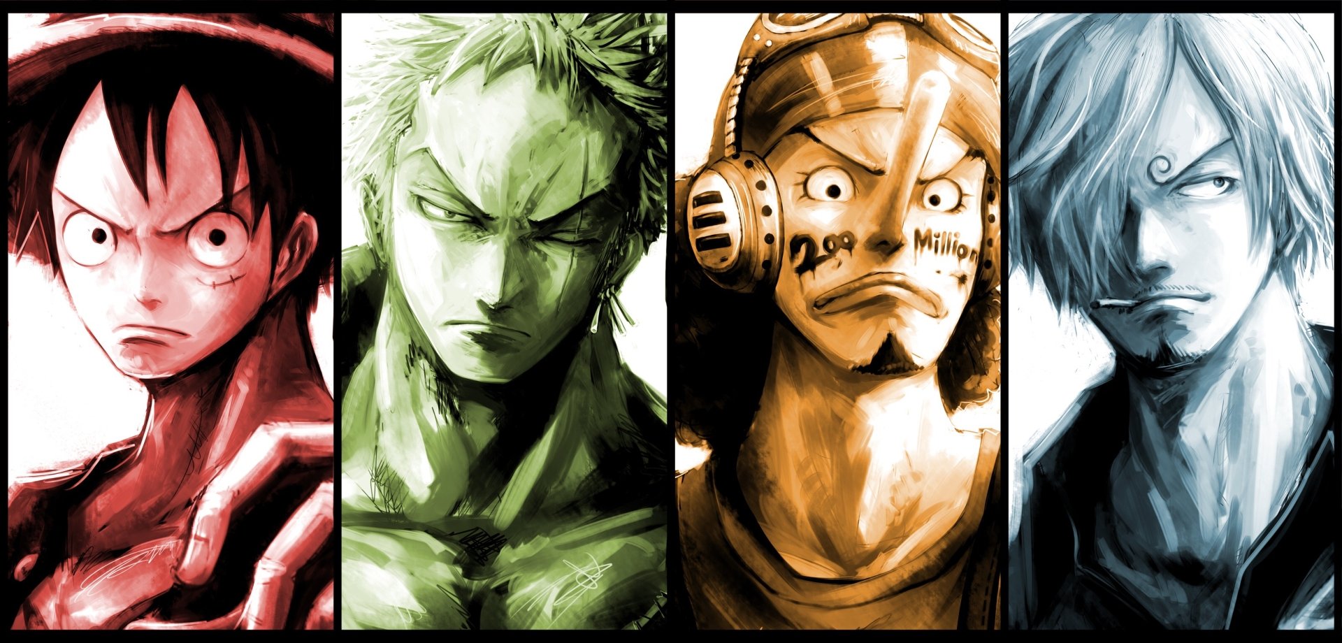 HD desktop wallpaper featuring four characters from the anime One Piece: Monkey D. Luffy, Roronoa Zoro, Usopp, and Sanji, each with distinct expressions and pirate aesthetics.