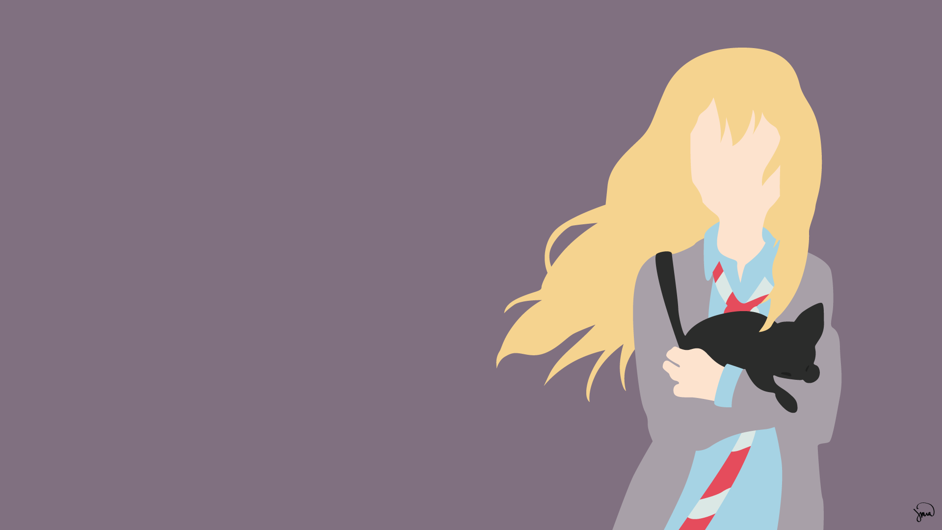 A minimalist HD wallpaper featuring Kaori Miyazono from the anime Your Lie in April, depicted with flowing hair and holding a black cat against a muted background.