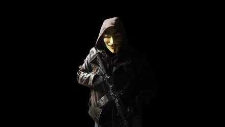 HD desktop wallpaper featuring an anonymous figure in a hooded jacket and a mask, holding a gun against a black background, tagged with technology and anonymous.