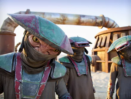 Constable Zuvio and two companions from Star Wars Episode VII: The Force Awakens stand in a desert setting, featured in a 4K Ultra HD movie desktop wallpaper.
