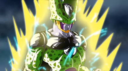 An HD desktop wallpaper featuring Cell from Dragon Ball Z, depicted in a dynamic pose with energy effects and vibrant colors, capturing the essence of this iconic anime character.