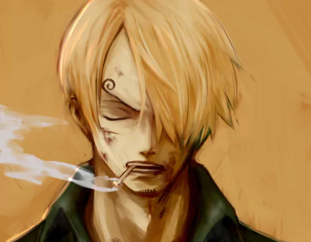 Anime character Sanji from One Piece is depicted with a cigarette, showing a rugged expression in this HD desktop wallpaper, set against a warm orange background.