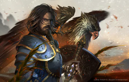 Anduin Lothar, armored warrior and knight from World of Warcraft, with a fierce stare and an eagle perched on his arm in a dynamic 4K Ultra HD PC desktop wallpaper.