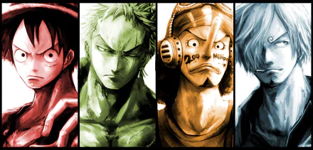 HD desktop wallpaper featuring four characters from the anime One Piece: Monkey D. Luffy, Roronoa Zoro, Usopp, and Sanji, each with distinct expressions and pirate aesthetics.