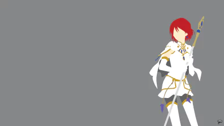 Shirayuki from Snow White with the Red Hair stands confidently in a stylized, minimalistic illustration, showcasing her vibrant red hair and elegant outfit against a gray backdrop.
