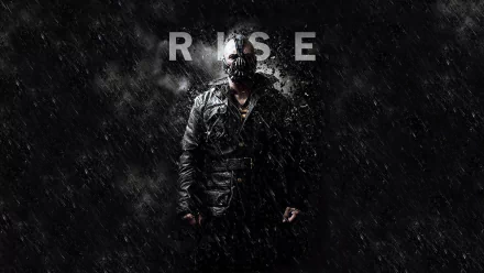 HD PC desktop wallpaper featuring Bane, portrayed by Tom Hardy, from the movie The Dark Knight Rises with the word RISE in the background.