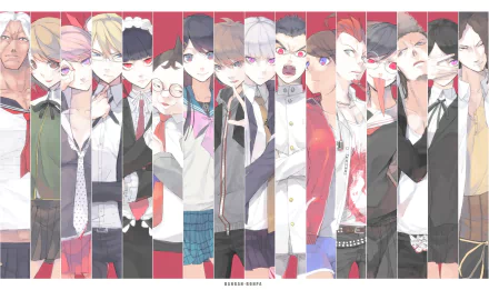 HD desktop wallpaper featuring characters from the anime Danganronpa, showcasing a vibrant array of styles and expressions against a striking red background.
