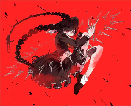 Tōko Fukawa from Danganronpa strikes a dynamic pose against a striking red background, surrounded by stylized scissors, creating an intense and dramatic HD desktop wallpaper.