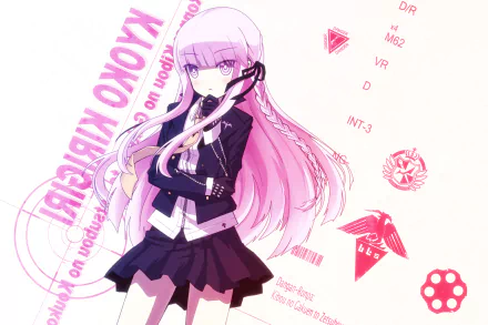 HD PC wallpaper featuring Kyōko Kirigiri from the anime Danganronpa, showcasing her with long lavender hair and a confident pose against a pink-themed background.