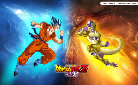 HD wallpaper featuring Goku and Frieza from Dragon Ball Z: Resurrection of F. Goku on the left with a blue aura, Frieza on the right with a golden aura, and the Dragon Ball Z logo in the center.