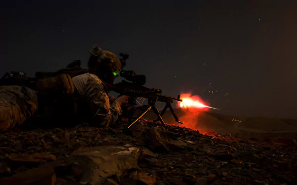 Military soldier firing a weapon at night, captured in an intense moment with muzzle flash, designed as an HD PC desktop wallpaper and background.