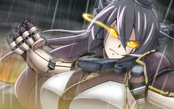HD anime wallpaper featuring Nagato from Kantai Collection in robotic armor with long hair and glowing yellow eyes, standing in the rain in a dynamic crossover style.