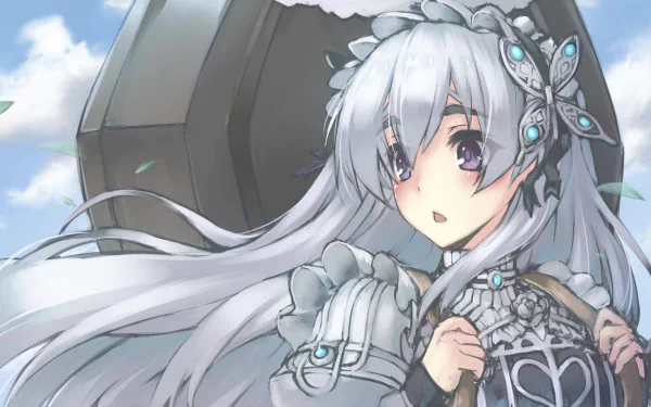 Anime-style HD desktop wallpaper featuring Chaika Trabant from Hitsugi no Chaika with long white hair, grey eyes, and fantasy armor holding a large coffin.