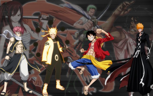 Anime Crossover Fairy Tail Naruto One Piece Bleach Natsu Dragneel Erza Scarlet Naruto Uzumaki Kyūbi Monkey D. Luffy Roronoa Zoro Ichigo Kurosaki Fondo de pantalla HD | Fondo de Escritorio