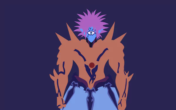 A striking minimalist wallpaper featuring Lord Boros from One-Punch Man, showcasing his pink hair and blue eyes against a vibrant background. An eye-catching anime design.