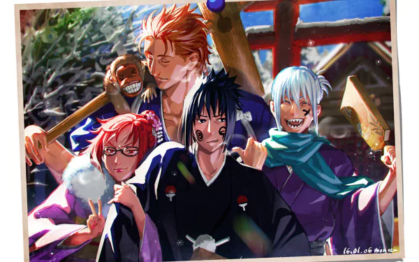 A vibrant HD wallpaper featuring Karin, Jūgo, Suigetsu Hōzuki, and Sasuke Uchiha from Naruto, showcasing their unique styles and camaraderie in a dynamic anime setting.