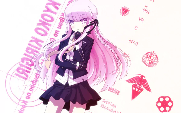 HD PC wallpaper featuring Kyōko Kirigiri from the anime Danganronpa, showcasing her with long lavender hair and a confident pose against a pink-themed background.
