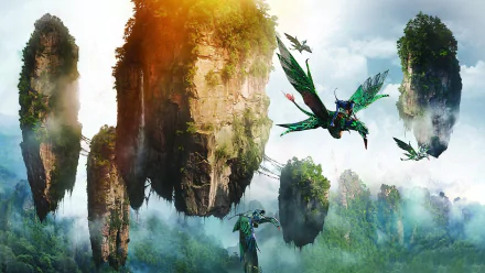 HD PC desktop wallpaper featuring floating mountains and flying creatures from the movie Avatar, showcasing a vibrant and immersive Pandora landscape.