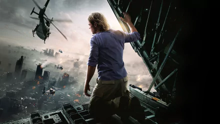 HD PC desktop wallpaper from the World War Z movie showing a man looking out from a military aircraft at a chaotic cityscape with helicopters flying overhead.