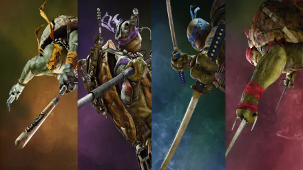 HD PC desktop wallpaper of the four Teenage Mutant Ninja Turtles (2014 movie): Donatello, Michelangelo, Raphael and Leonardo, each posed with signature weapons against colored vertical panels.