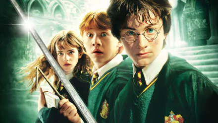 A high-definition desktop wallpaper featuring Harry, Ron, and Hermione from Harry Potter and the Chamber of Secrets, showcasing their iconic looks and expressions.
