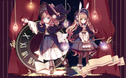 Anime-inspired HD wallpaper featuring blonde-haired twin witches with blue and green eyes. They stand among glowing lights, a large clock, and an open book, set against a dark background.