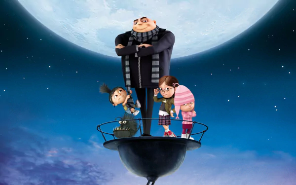 HD desktop wallpaper featuring Gru and his daughters Agnes, Margo, and Edith from the Despicable Me movie, standing together against a moonlit sky.