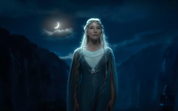 A stunning HD wallpaper featuring a character from *The Hobbit: An Unexpected Journey*, standing under a crescent moon amidst a mystical landscape.