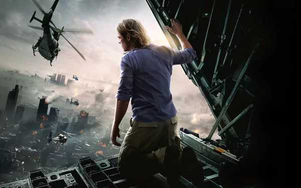 HD PC desktop wallpaper from the World War Z movie showing a man looking out from a military aircraft at a chaotic cityscape with helicopters flying overhead.