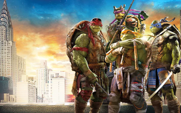 Four Teenage Mutant Ninja Turtles—Raphael, Donatello, Michelangelo, and Leonardo—pose heroically against a vibrant city skyline, showcasing their dynamic presence from the 2014 movie.