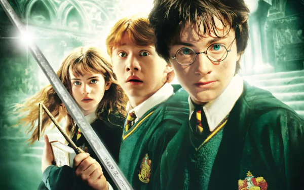 A high-definition desktop wallpaper featuring Harry, Ron, and Hermione from Harry Potter and the Chamber of Secrets, showcasing their iconic looks and expressions.