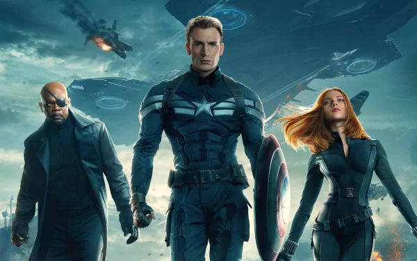 Captain America and Black Widow, portrayed by Chris Evans and Scarlett Johansson, stand alongside Nick Fury in this dynamic scene from Captain America: The Winter Soldier.