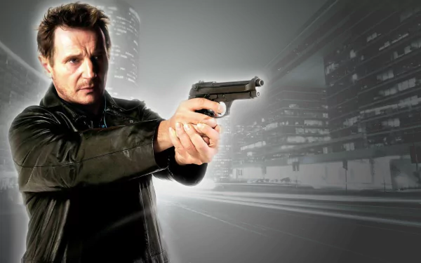 HD PC desktop wallpaper: movie-style image of an actor who has taken aim with a handgun against a blurred urban nightscape background.