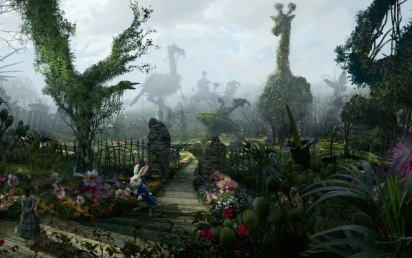 HD PC desktop wallpaper: fantasy garden from Alice in Wonderland (2010) featuring Nivens McTwisp, the White Rabbit, a winding path, topiary creatures and misty atmosphere.