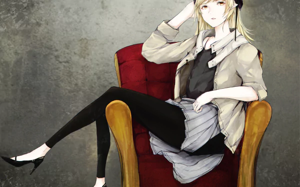 A blonde character with yellow eyes and pointed ears, wearing a hat and goggles, lounges confidently in a red chair. This HD wallpaper features Shinobu Oshino from the Monogatari series.