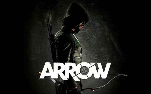 HD desktop wallpaper featuring Stephen Amell as the hooded vigilante from the TV show Arrow, holding a bow with arrows on his back against a dark background.