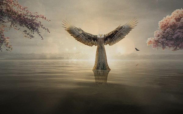 Fantasy Artistic Eagle Tree Water Sea Reflection Sunlight HD Wallpaper | Background Image