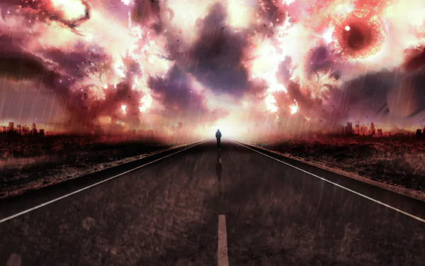 A lone figure walks down a road toward a distant sci-fi city shrouded in a dust cloud with explosive, eye-like cosmic phenomena in the sky, creating a dramatic landscape.