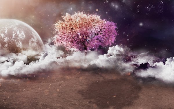 Artistic Tree Cloud Planet Moon Colorful Fantasy Landscape Lonely Tree HD Wallpaper | Background Image