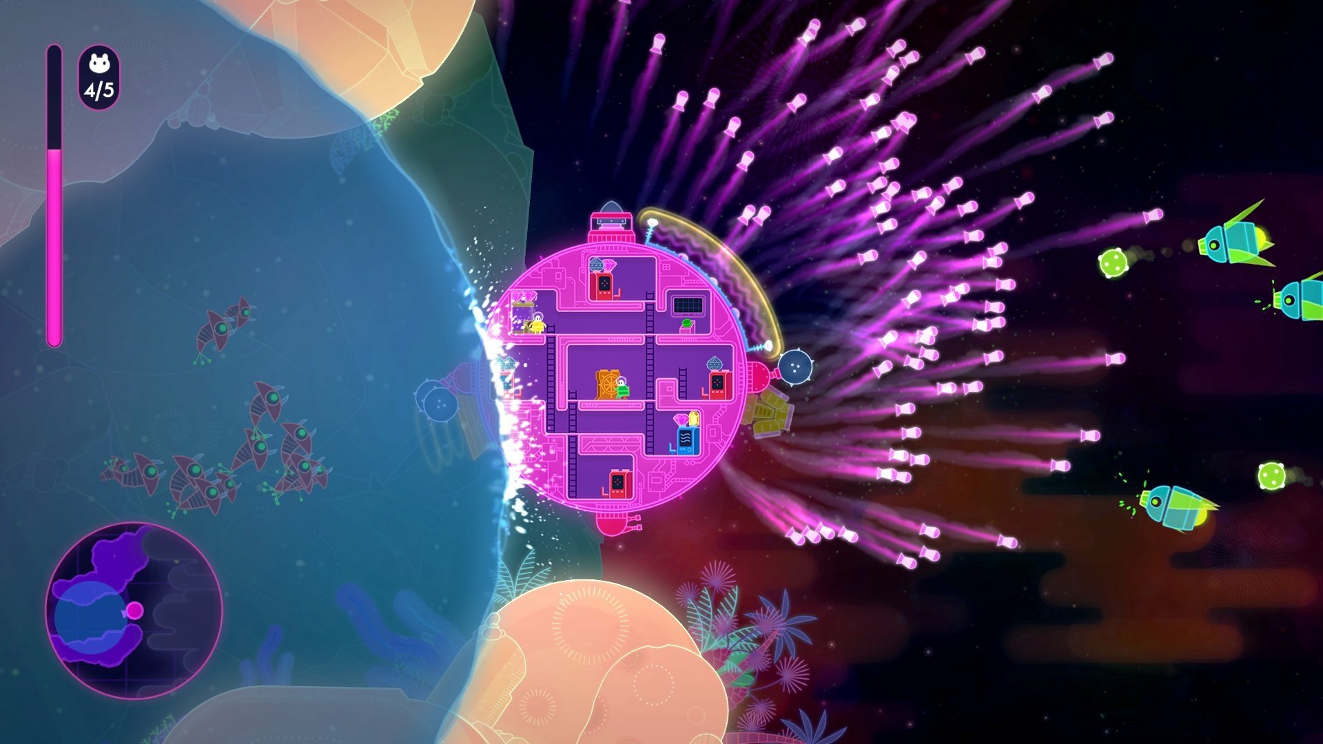HD desktop wallpaper of 'Lovers in a Dangerous Spacetime' game, featuring a spaceship in vibrant cosmic combat.