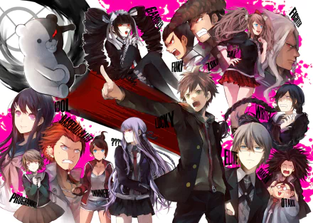 HD anime wallpaper featuring characters from Danganronpa, displaying intense expressions and dynamic poses against a vibrant background with bold text.