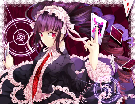 HD PC desktop wallpaper featuring Celestia Ludenberg from Danganronpa, showcasing her signature gothic lolita style with playing cards and futuristic circular patterns.