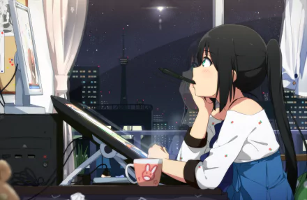 An anime girl with long black hair in a ponytail works on a computer at her desk, surrounded by a cityscape night view. She holds a pen in her mouth, with a pink coffee mug nearby.