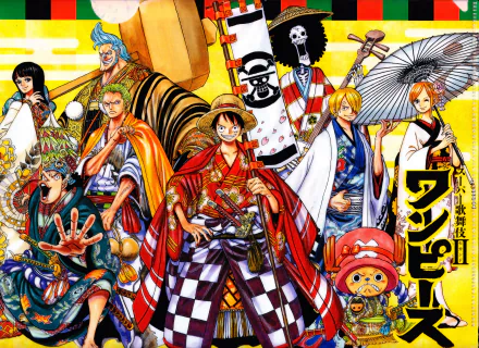 This HD desktop wallpaper features the One Piece characters—Usopp, Nico Robin, Franky, Tony Tony Chopper, Nami, Sanji, Roronoa Zoro, and Monkey D. Luffy—all dressed in traditional Japanese clothes.